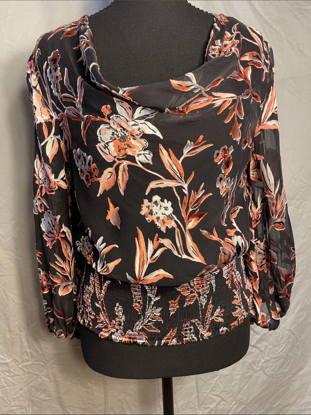 White House Black Market Black Floral Cowl-Neck Blouse